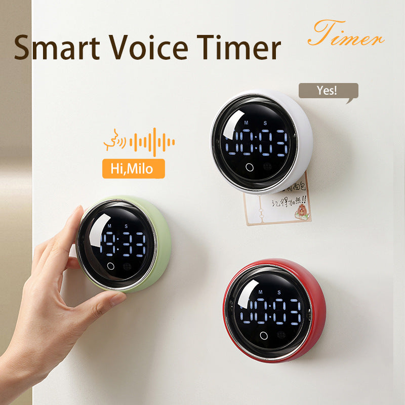 Accessible voice‑activated magnetic smart timer for blind low‑vision users, green white red 3 color options, hands‑free voice control demo