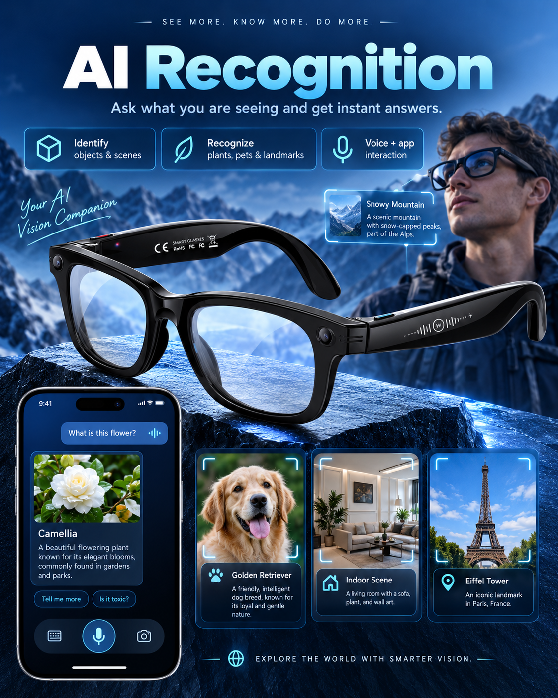 AI Smart Glasses with 13MP Camera, Visual Recognition, Real-Time Translation & Voice Assistant