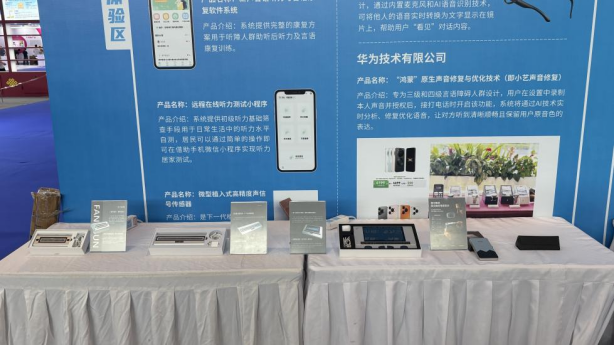 At the exhibition experience booth, Fangcun 30-cell braille display, Zhiyin 30-cell braille display and XO tactile voice power bank are displayed on the table, with multiple barrier-free hearing-assist products introduced on the background display board