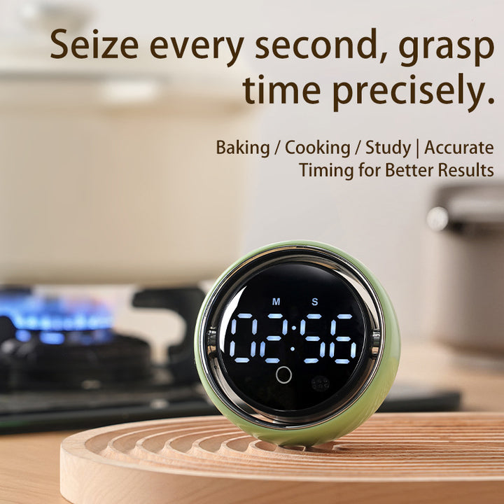 Rechargeable accessible timer on wooden kitchen countertop for cooking baking and study time management for low‑vision people