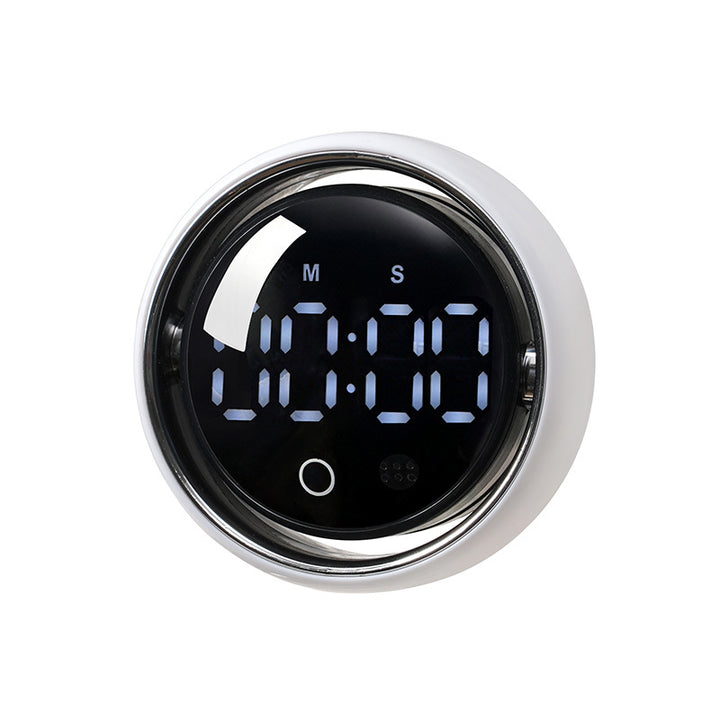 White magnetic rechargeable accessible voice timer for visually impaired people, large‑digit LED screen front view product photo