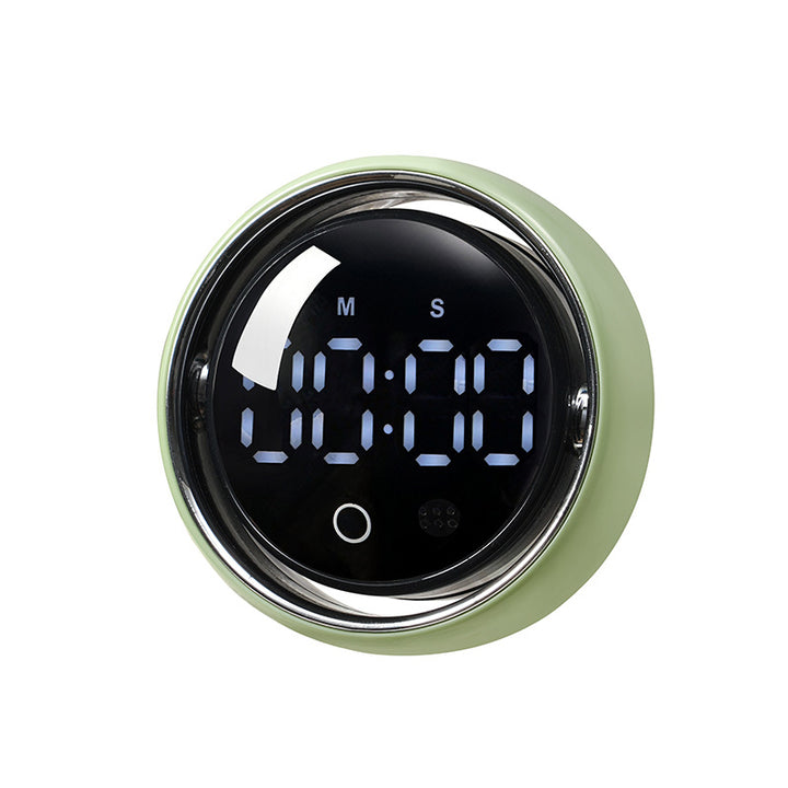Green smart voice‑controlled magnetic timer close‑up, large LED digits for low‑vision visually impaired accessibility needs