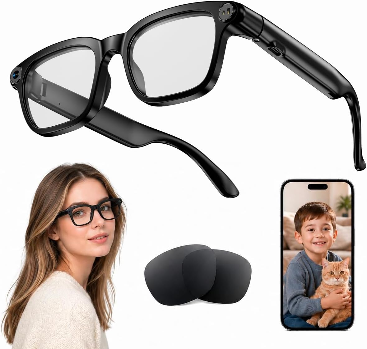 AI Smart Glasses with 8MP Camera, 4K Video, Photo Capture, Real-Time Translation, Recording, AI Assistant, Open-Ear Audio, Bluetooth, Object Recognition, Replaceable Sunglasses Lenses for Men