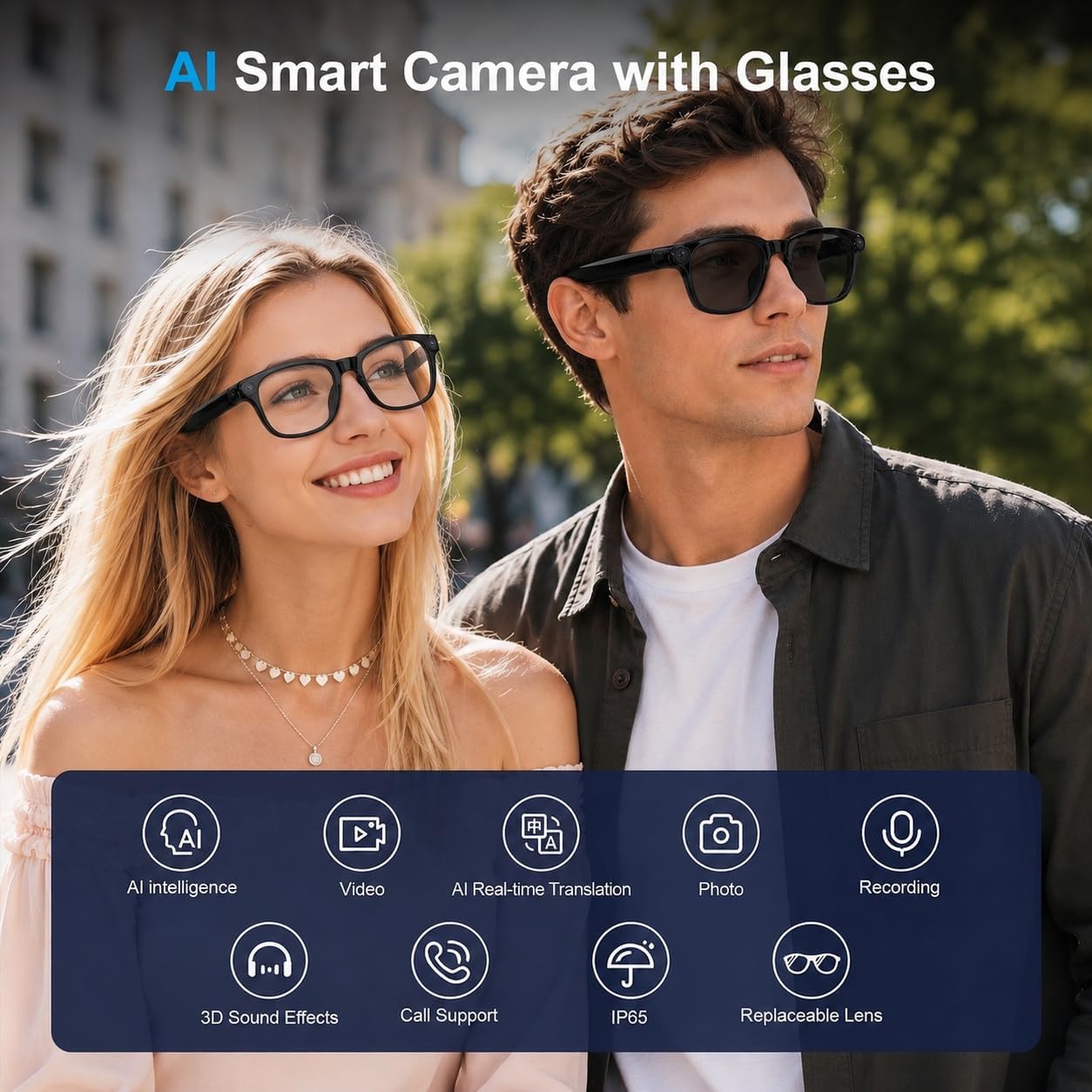 AI Smart Glasses with 8MP Camera, 4K Video, Photo Capture, Real-Time Translation, Recording, AI Assistant, Open-Ear Audio, Bluetooth, Object Recognition, Replaceable Sunglasses Lenses for Men