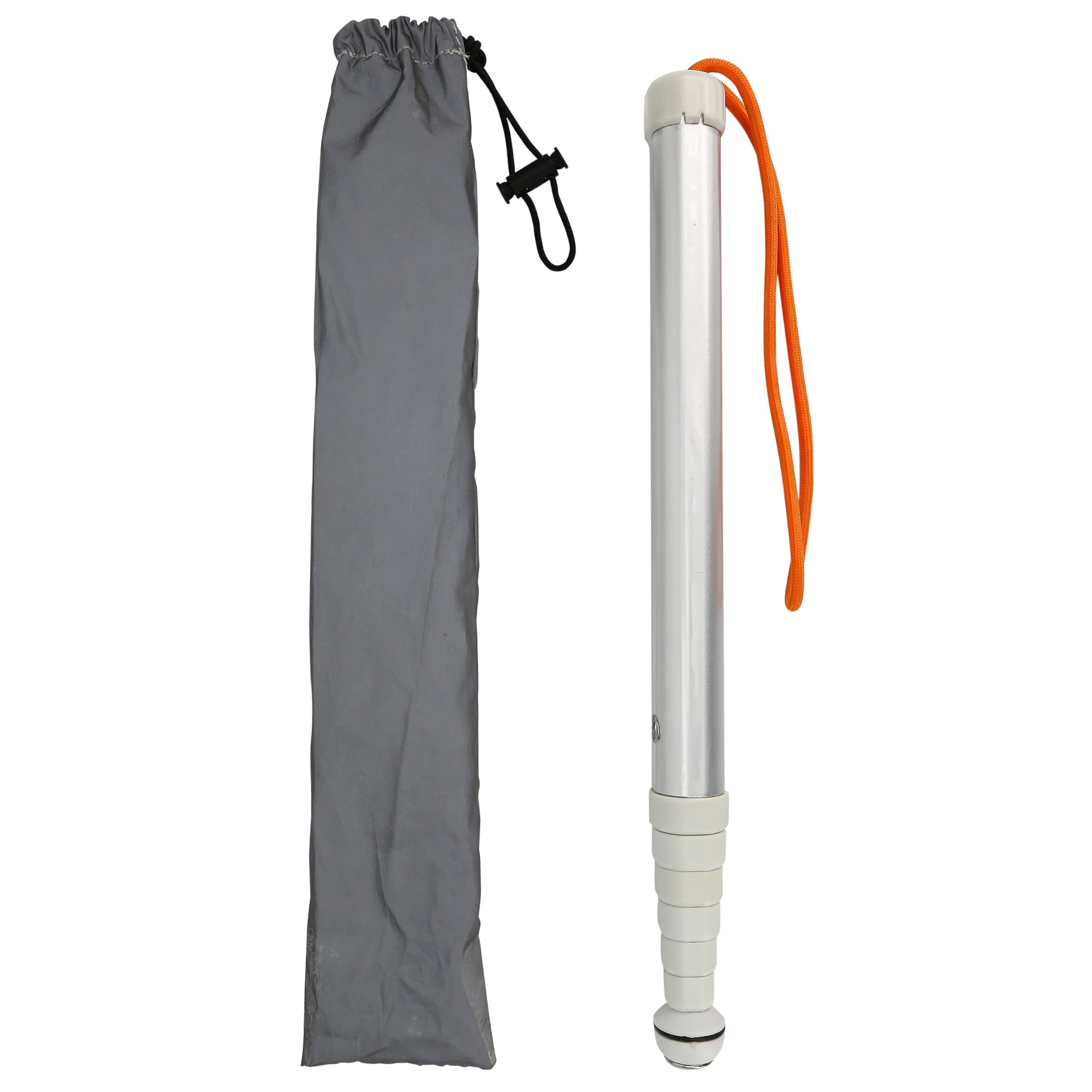 Retractable telescopic blind cane in collapsed state, silver aluminum‑alloy guide cane with orange wrist lanyard and grey drawstring storage carry bag