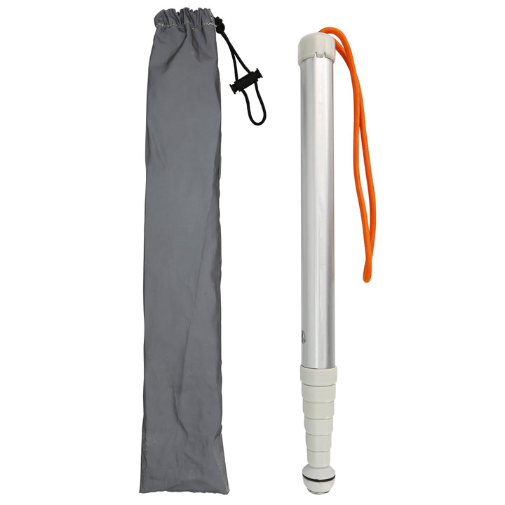 Retractable telescopic blind cane in collapsed state, silver aluminum‑alloy guide cane with orange wrist lanyard and grey drawstring storage carry bag