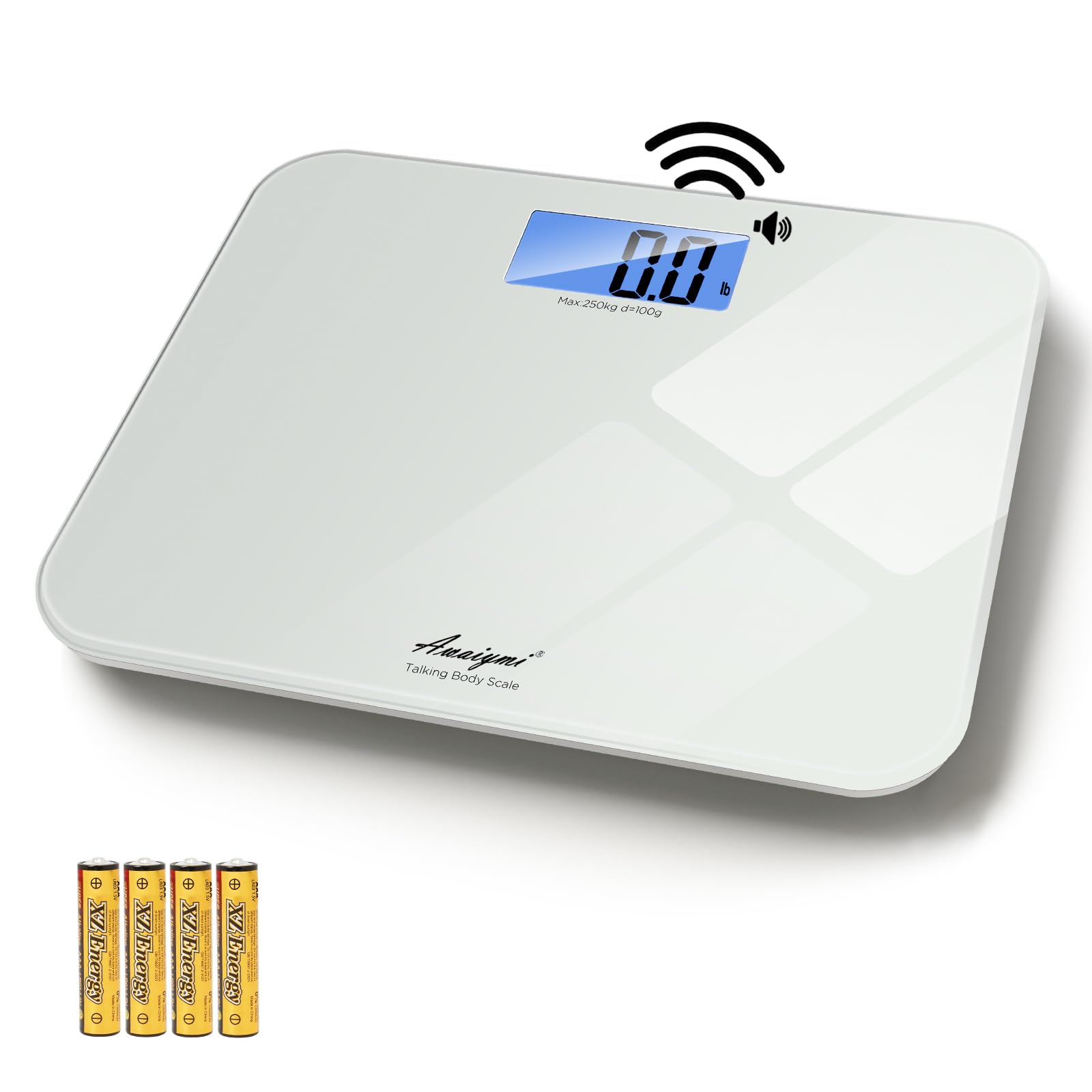 Awaiymi digital talking bathroom scale with voice‑broadcast icon, large LCD display, tempered‑glass platform, includes four AAA batteries, max capacity 551 lbs for elderly and visually‑impaired users