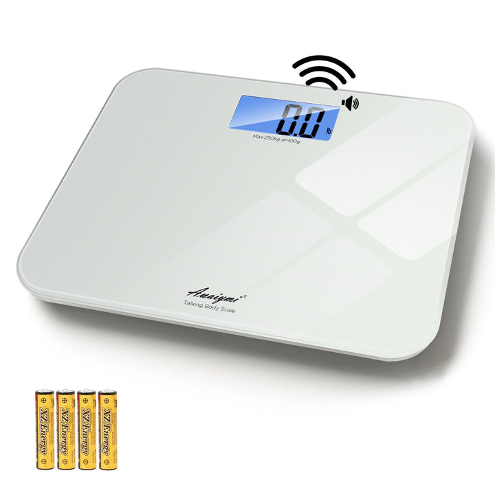 Awaiymi digital talking bathroom scale with voice‑broadcast icon, large LCD display, tempered‑glass platform, includes four AAA batteries, max capacity 551 lbs for elderly and visually‑impaired users