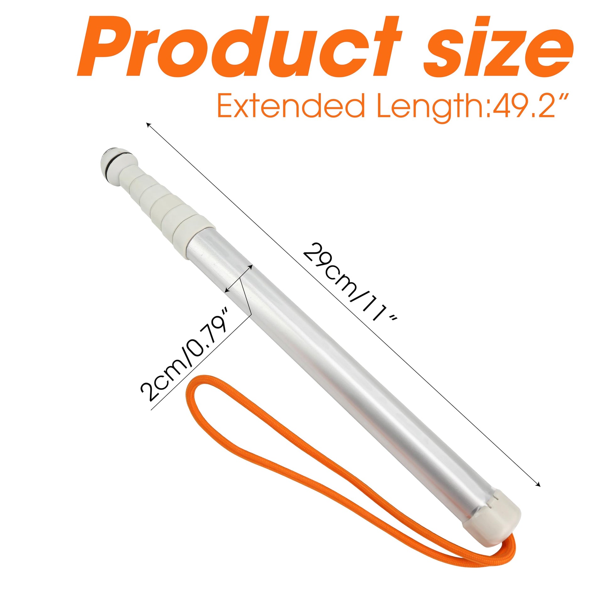 Product dimension diagram of telescopic blind cane, collapsed length 11 inch, maximum extended length 49.2 inch, shaft diameter 0.79 inch