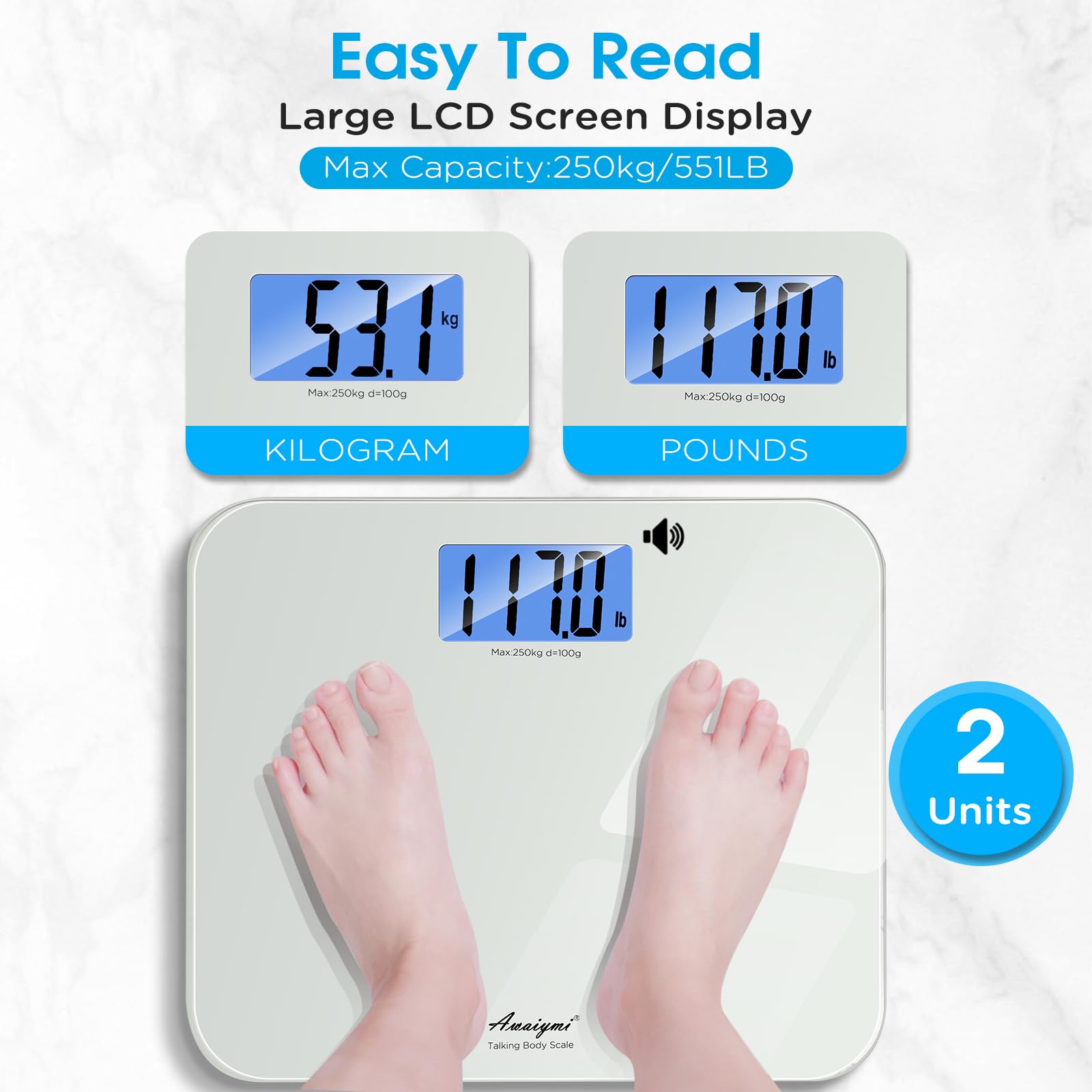 Large 3.9‑inch backlit LCD screen on talking body scale, dual‑unit display for kilogram and pound readings, user standing on scale platform