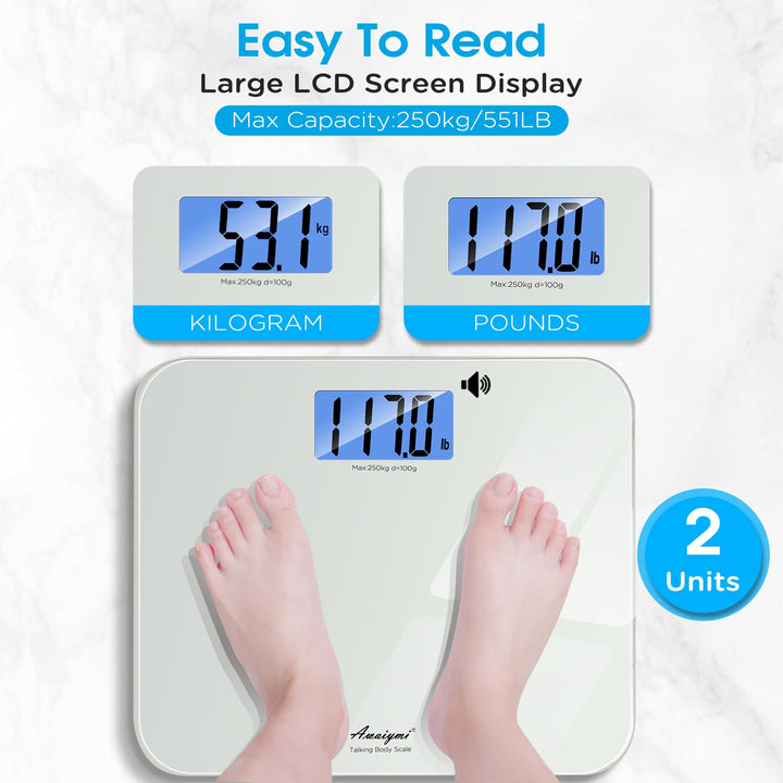 Large 3.9‑inch backlit LCD screen on talking body scale, dual‑unit display for kilogram and pound readings, user standing on scale platform