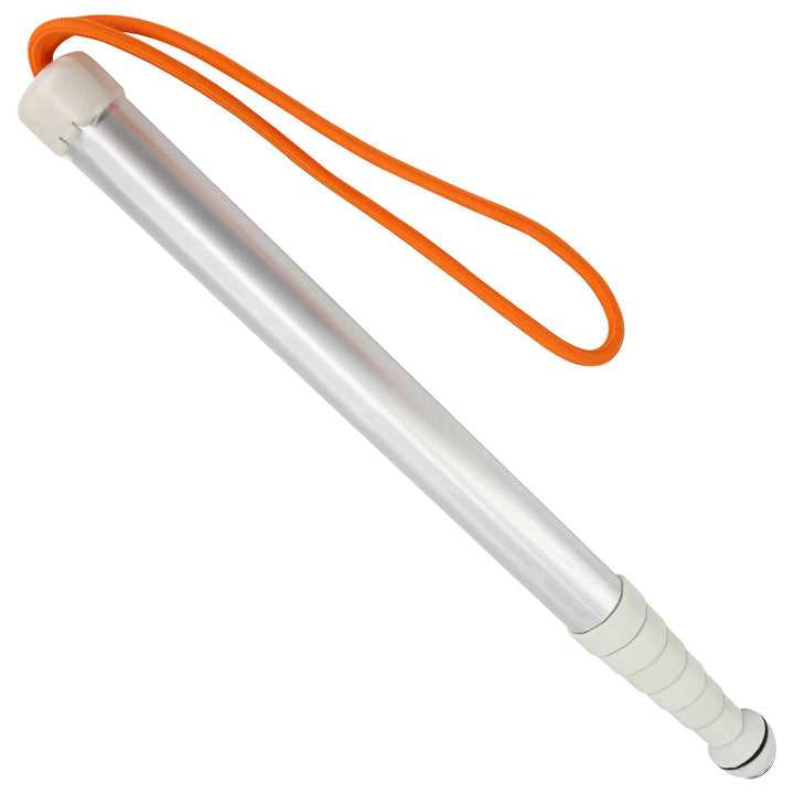 Side view of compact collapsed Wiltrue blind mobility cane, silver aluminum‑alloy body with orange safety wrist strap