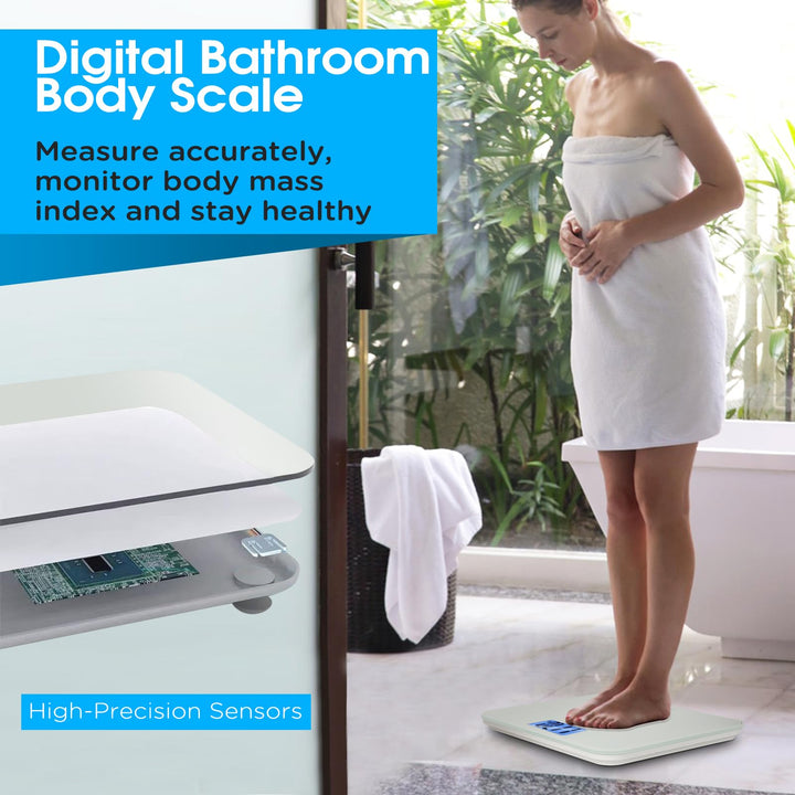 Woman wrapped in towel weighing herself with talking digital scale in bathroom; cross‑section view shows built‑in high‑precision weight sensor module