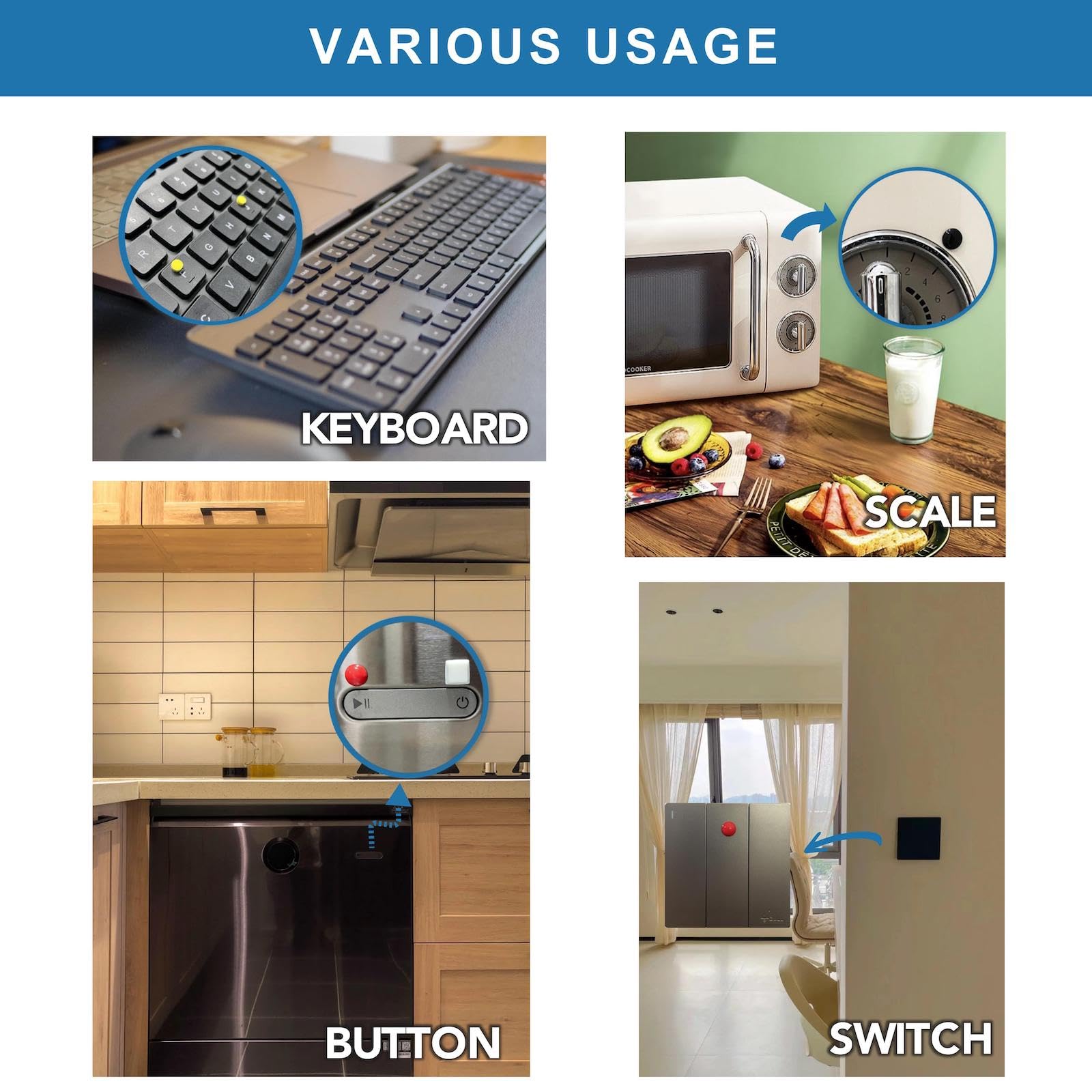 Various usage of tactile bump dots on keyboard, microwave dial, dishwasher button and light switch