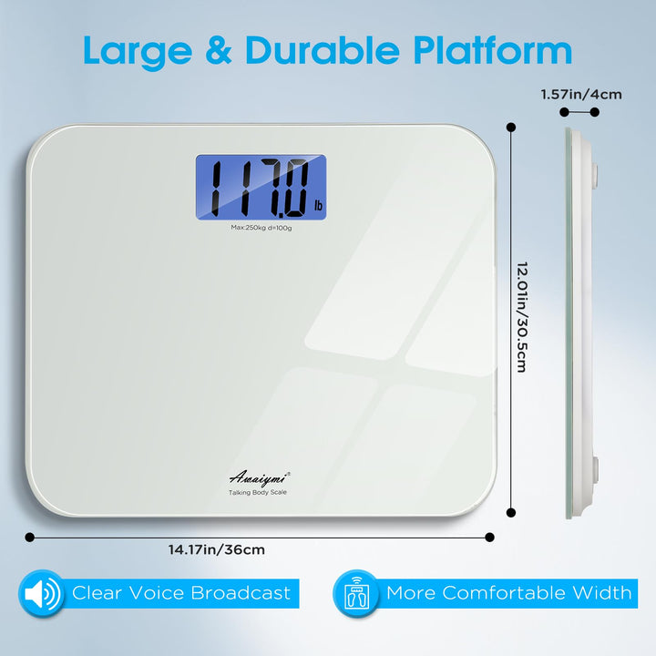 Dimension diagram for large tempered‑glass talking scale, shows platform length, width and thickness, clear voice‑announcement function mark