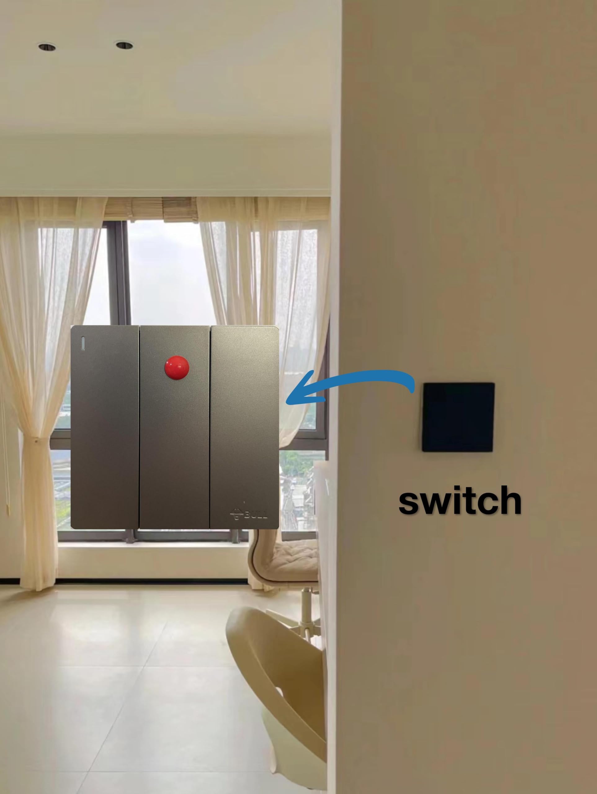 Red tactile bump dot on light switch used as raised touch marker for visually impaired